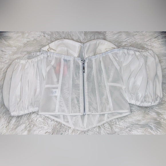 Miss Lola White Off-Shoulder Sheer Corset Top with Puff Sleeves - Picture 2 of 4